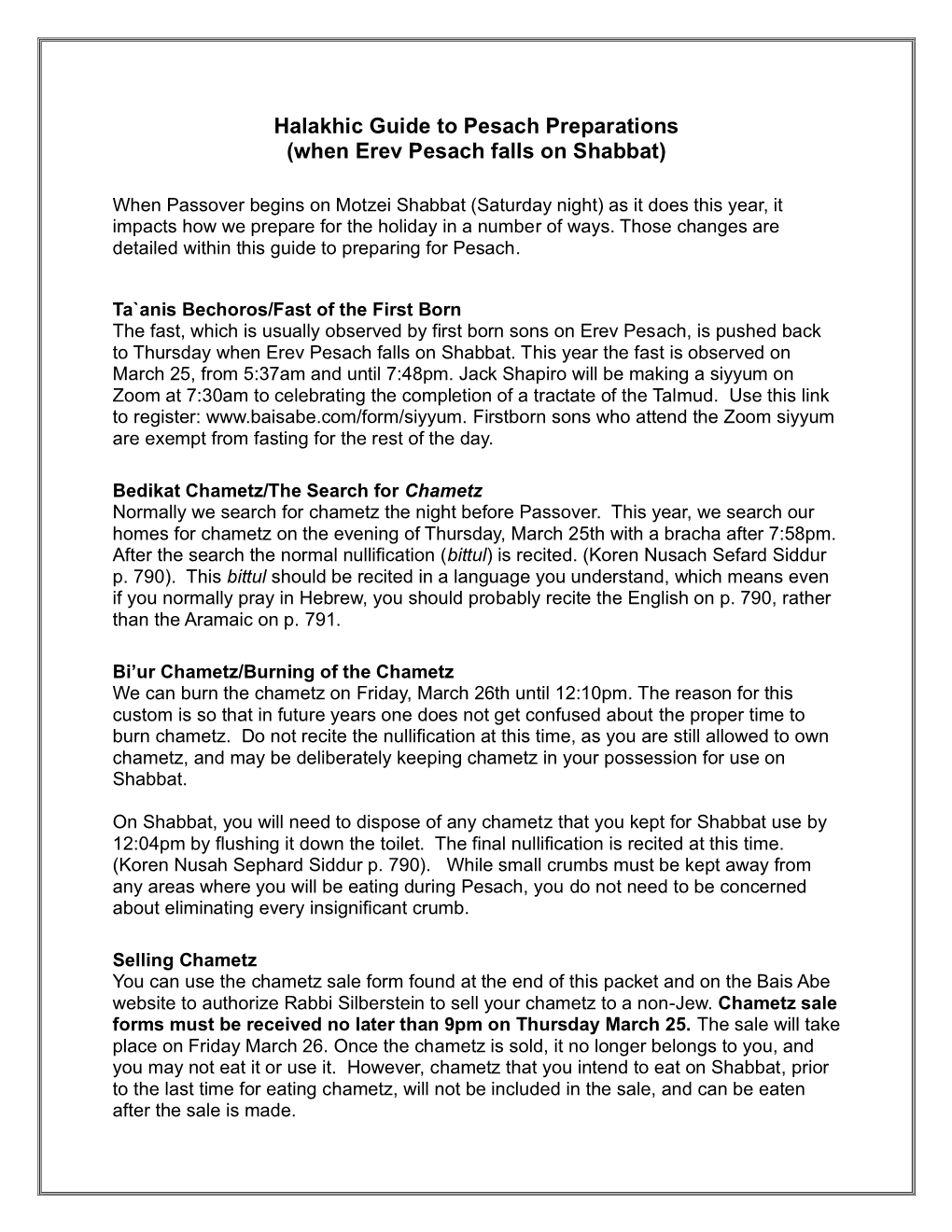 Halakhic Guide to Pesach Preparations (When Erev Pesach Falls on Shabbat)