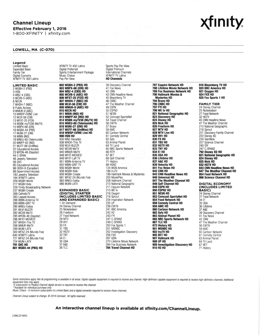 20160201 Comcast Channel Lineup, Effective February 1 2016