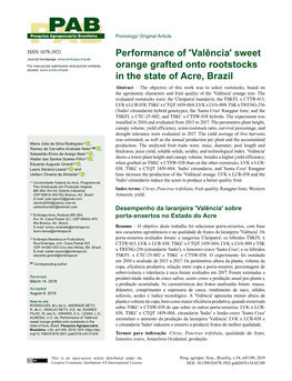 'Valência' Sweet Orange Grafted Onto Rootstocks in the State of Acre, Brazil