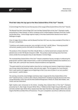 Pinot Noir Takes the Top Spot at the New Zealand Wine of the Year™ Awards