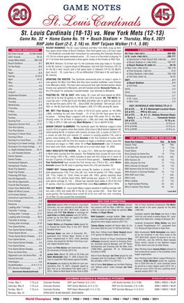 St. Louis Cardinals (18-13) Vs. New York Mets (12-13) Game No