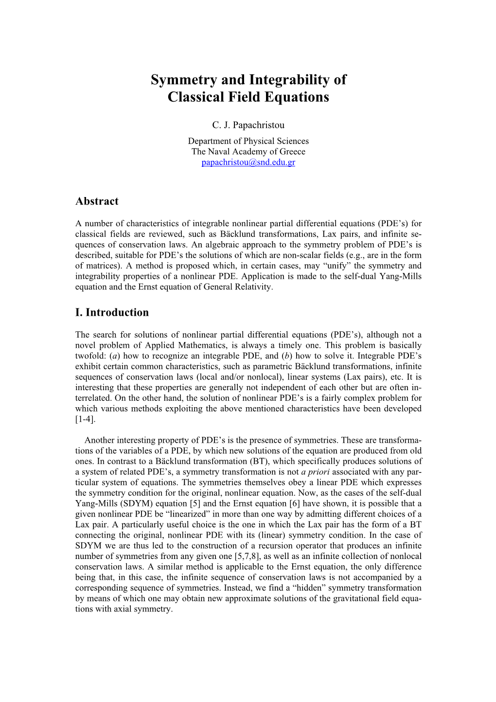 Symmetry and Integrability of Classical Field Equations