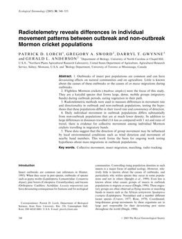 Radiotelemetry Reveals Differences in Individual Movement Patterns Between Outbreak and Non-Outbreak Mormon Cricket Populations