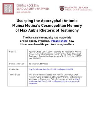 Usurping the Apocryphal: Antonio Muñoz Molina's Cosmopolitan Memory of Max Aub's Rhetoric of Testimony