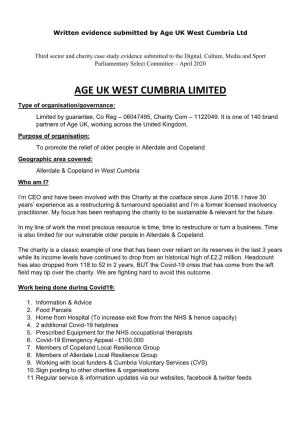 AGE UK WEST CUMBRIA LIMITED Type of Organisation/Governance: Limited by Guarantee, Co Reg – 06047495, Charity Com – 1122049