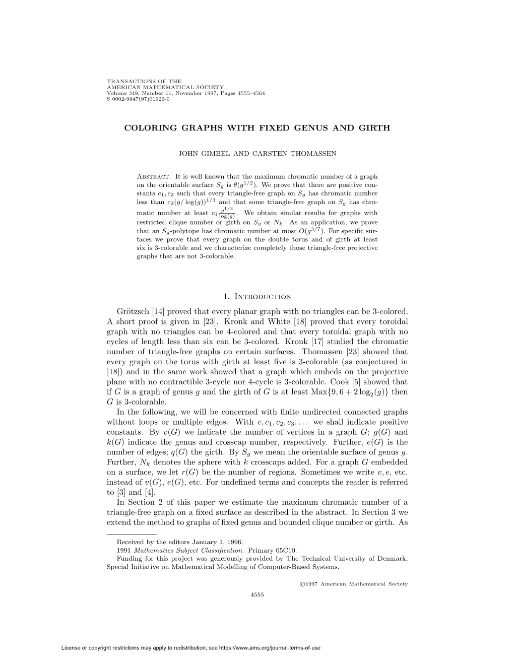 COLORING GRAPHS with FIXED GENUS and GIRTH 1. Introduction Grötzsch