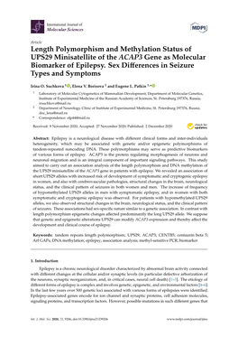 Length Polymorphism and Methylation Status of UPS29 Minisatellite of the ACAP3 Gene As Molecular Biomarker of Epilepsy. Sex Diff