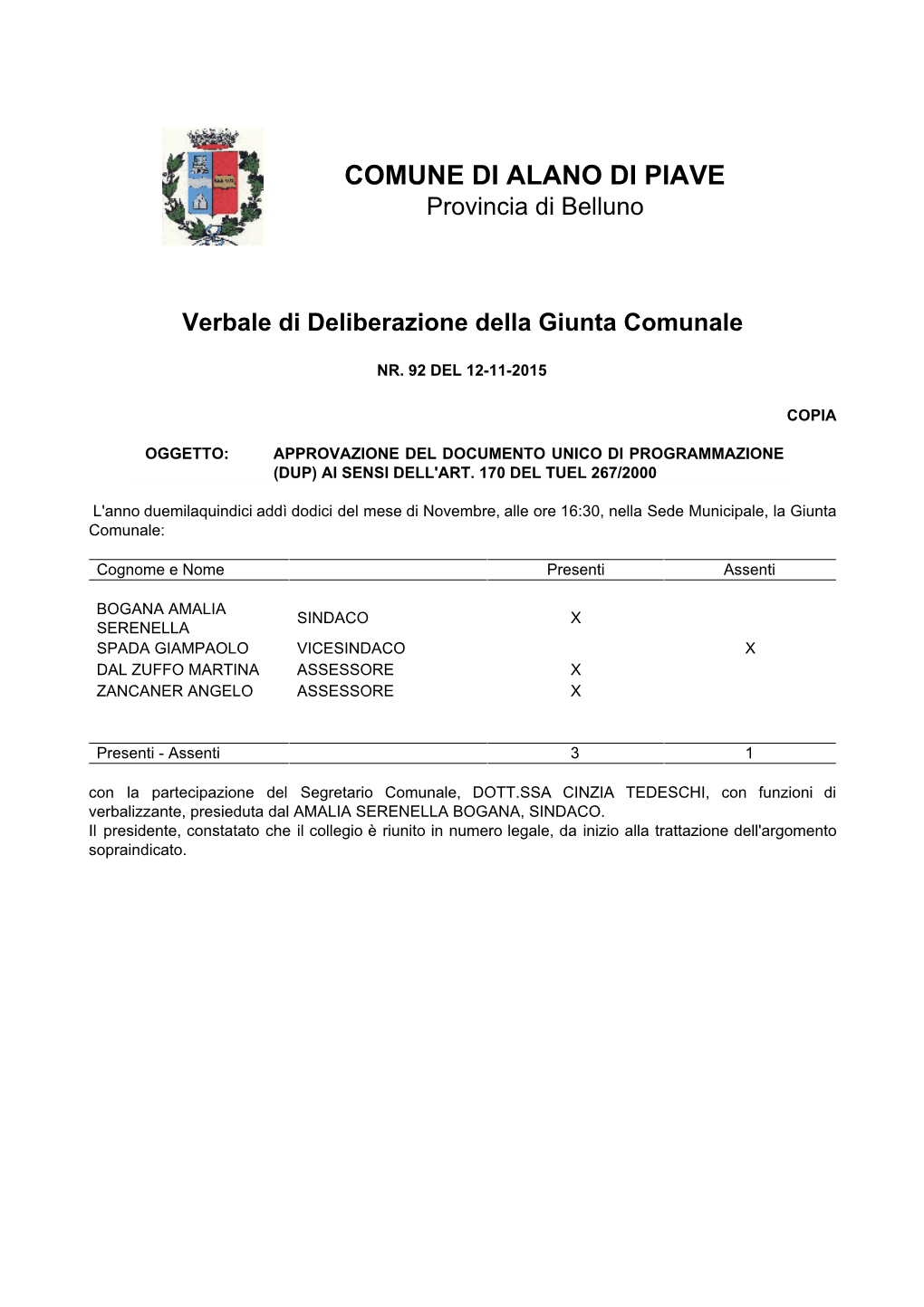 COMUNE DI ALANO DI PIAVE Provincia Di Belluno