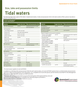 Size, Take and Possession Limits Tidal Waters the Following Legal Limits Apply to Fish Taken in Queensland Waters