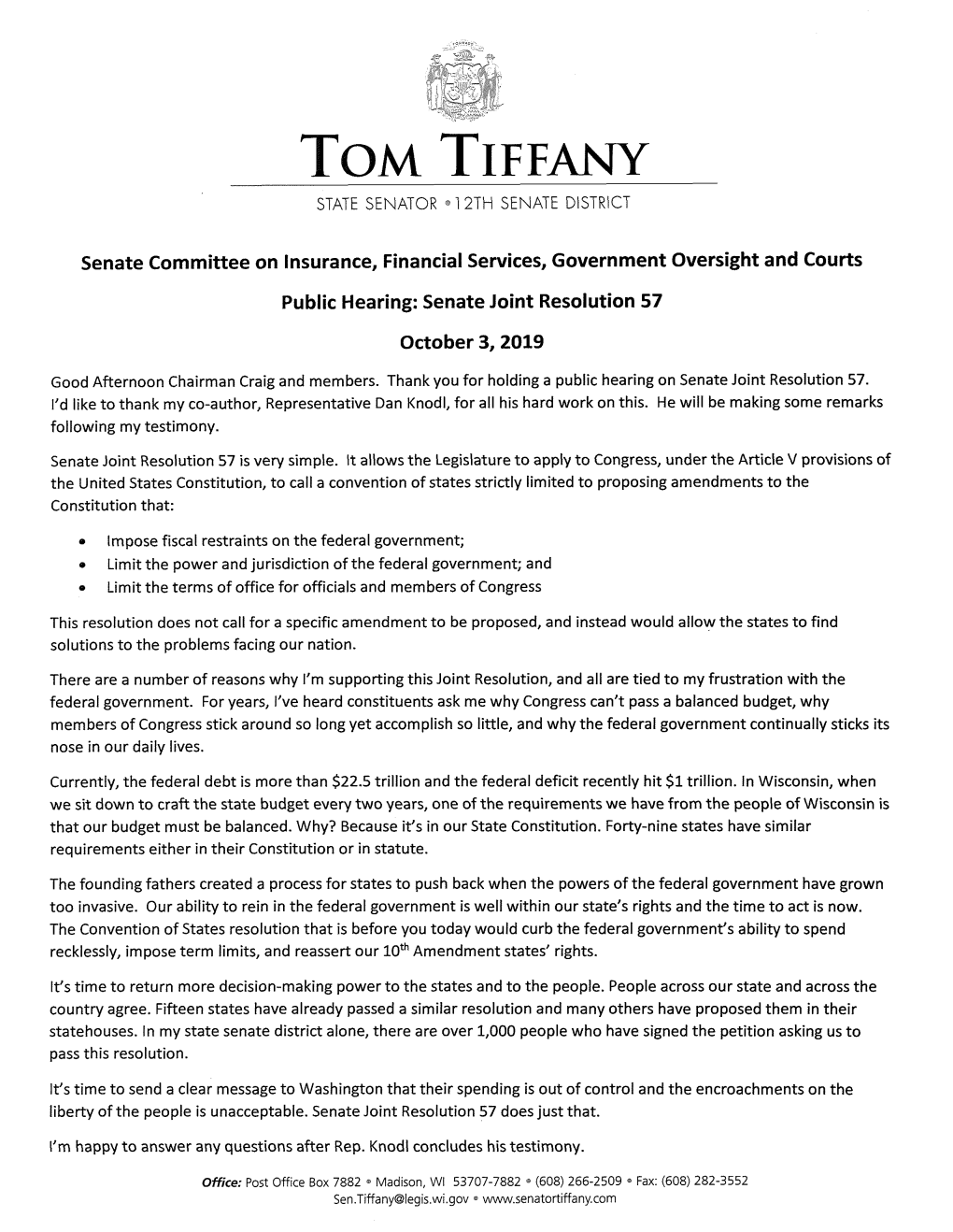 Tom Tiffany STATE SENATOR • 1 2TH SENATE DISTRICT