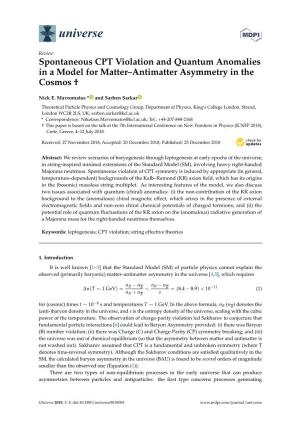 Spontaneous CPT Violation and Quantum Anomalies in a Model for Matter–Antimatter Asymmetry in the Cosmos †