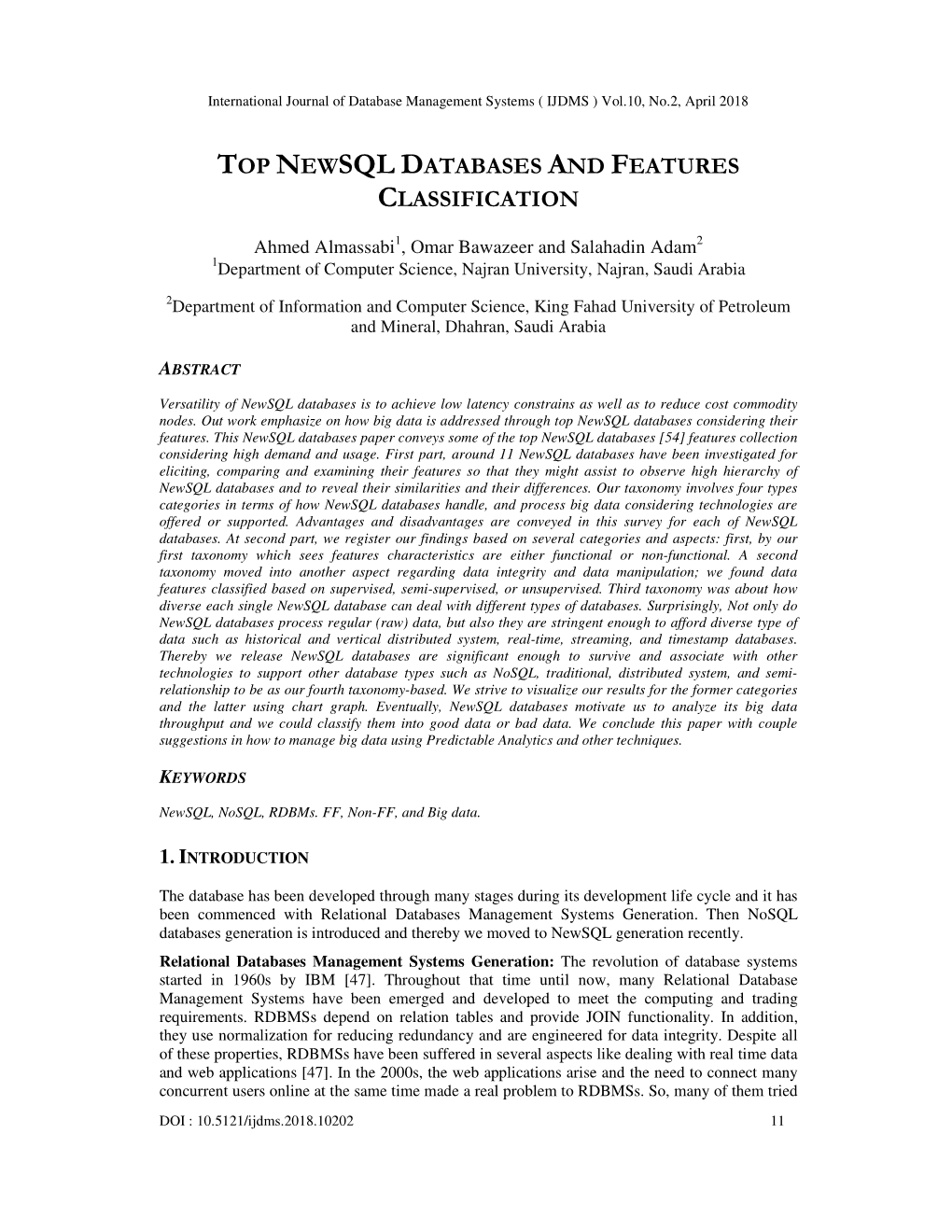 Top Newsql Databases and Features Classification