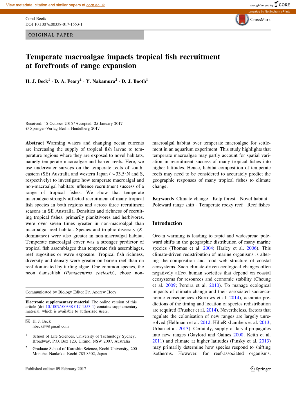 Temperate Macroalgae Impacts Tropical Fish Recruitment At