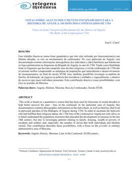 Notas Sobre Alguns Documentos Inexplorados Para a História De Angola: Os Róis Dos Confessados De 1704