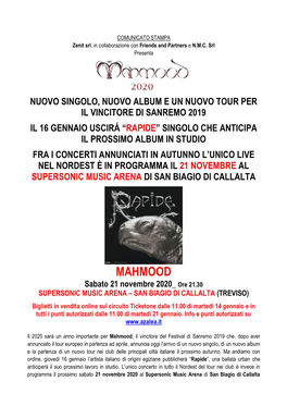 MAHMOOD Sabato 21 Novembre 2020 Ore 21.30 SUPERSONIC MUSIC ARENA – SAN BIAGIO DI CALLALTA (TREVISO)