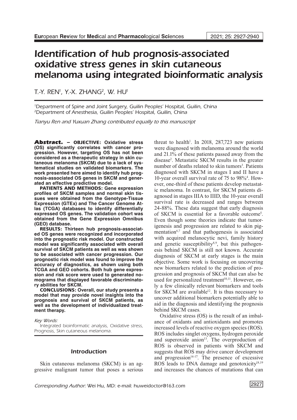 Identification of Hub Prognosis-Associated Oxidative Stress Genes in Skin Cutaneous Melanoma Using Integrated Bioinformatic Analysis