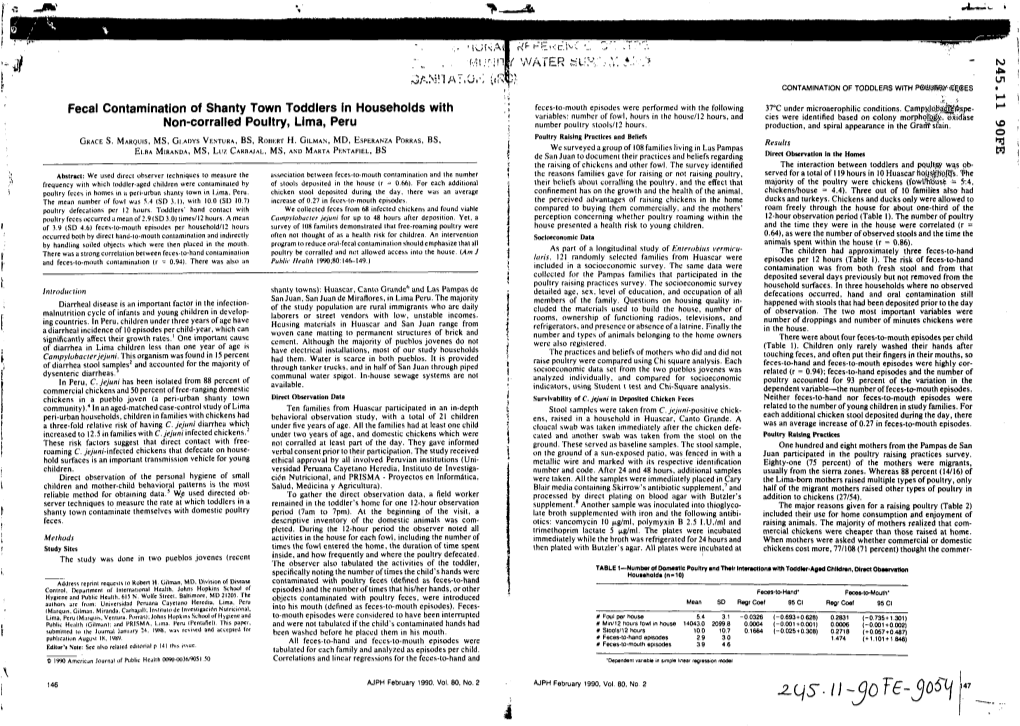 Fecal Contamination of Shanty Town Toddlers in Households with Feccs-To-Mouth Episodes Were Performed with the Following 37°C Under Microaerophilic Conditions