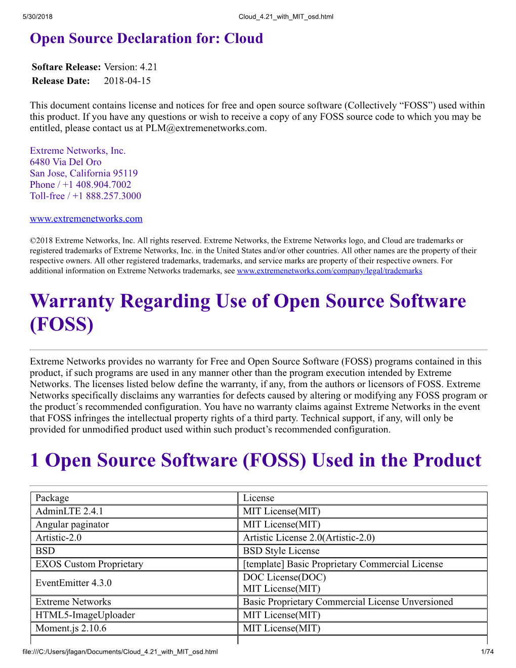 Warranty Regarding Use of Open Source Software (FOSS) 1 Open