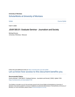 JOUR 580.01: Graduate Seminar - Journalism and Society