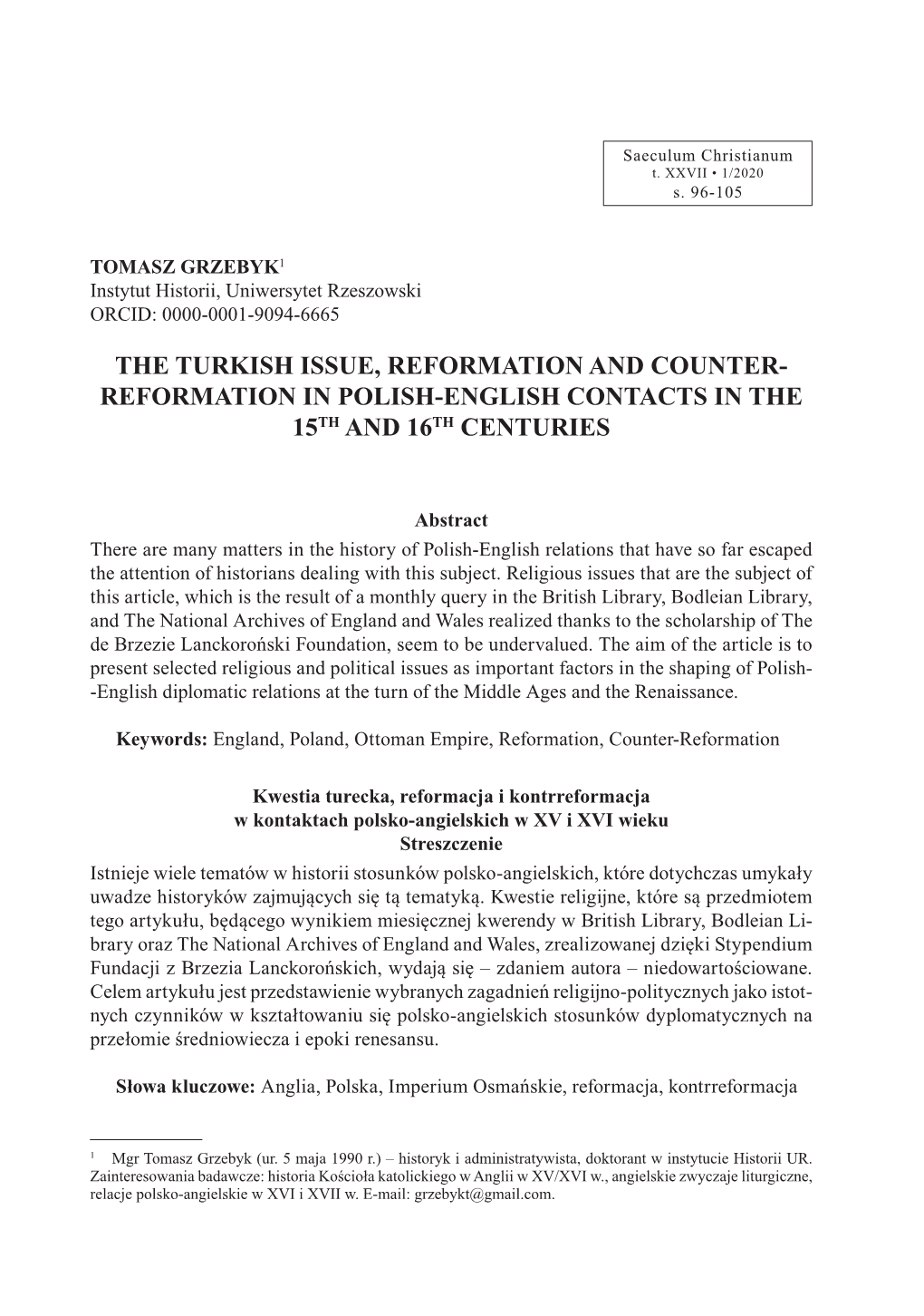 The Turkish Issue, Reformation and Counter- Reformation in Polish-English Contacts in the 15Th and 16Th Centuries
