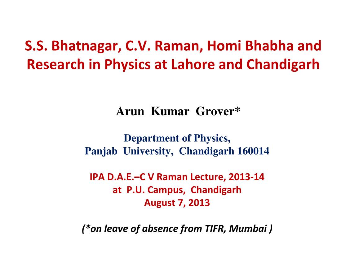 S.S. Bhatnagar, C.V. Raman, Homi Bhabha and Research in Physics at Lahore and Chandigarh