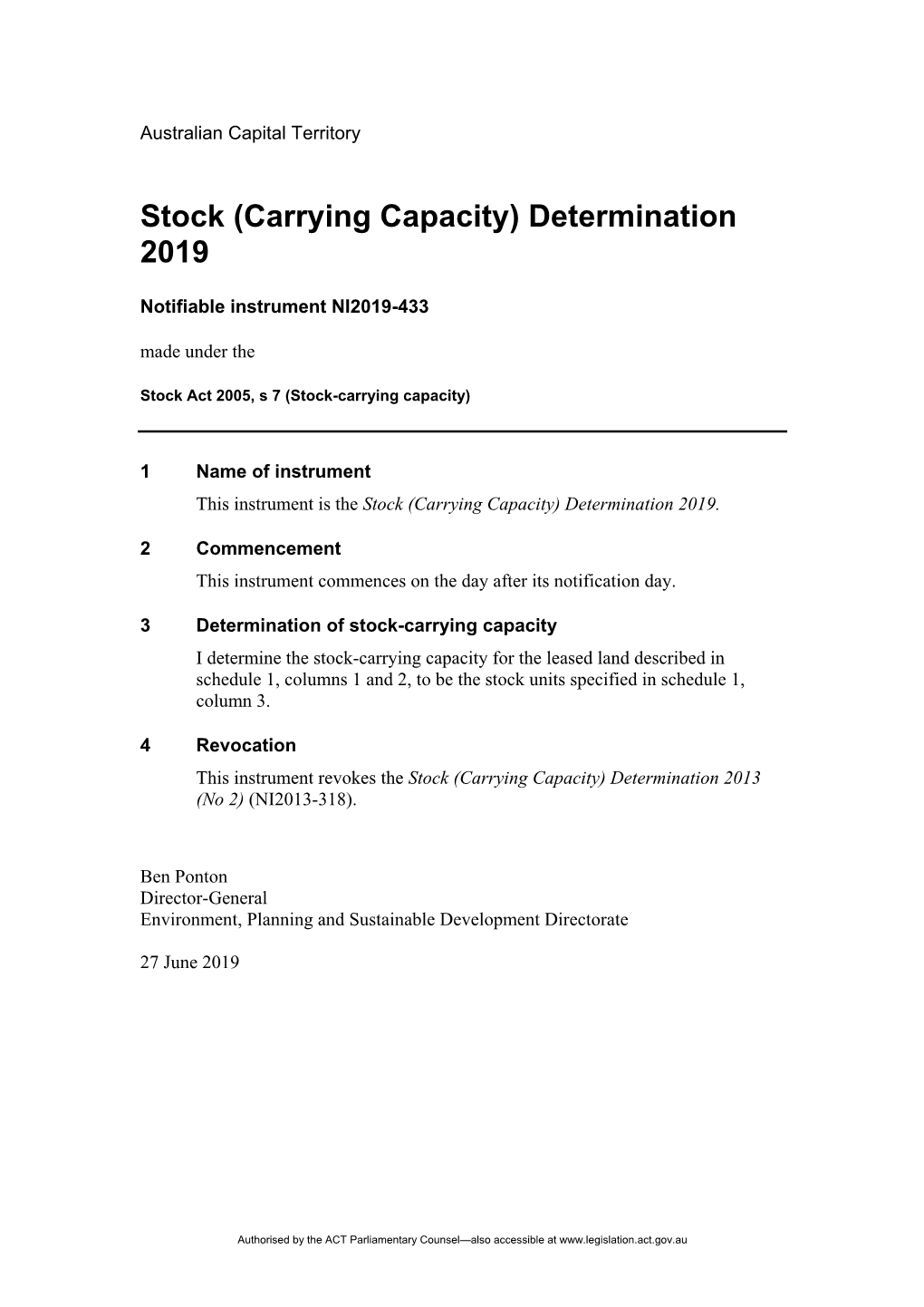 (Carrying Capacity) Determination 2019