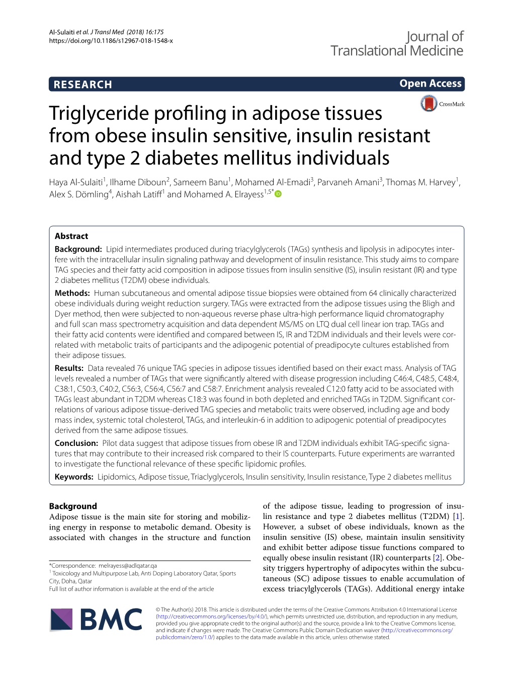 Triglyceride Profiling in Adipose Tissues from Obese Insulin Sensitive, Insulin Resistant and Type 2 Diabetes Mellitus Individua