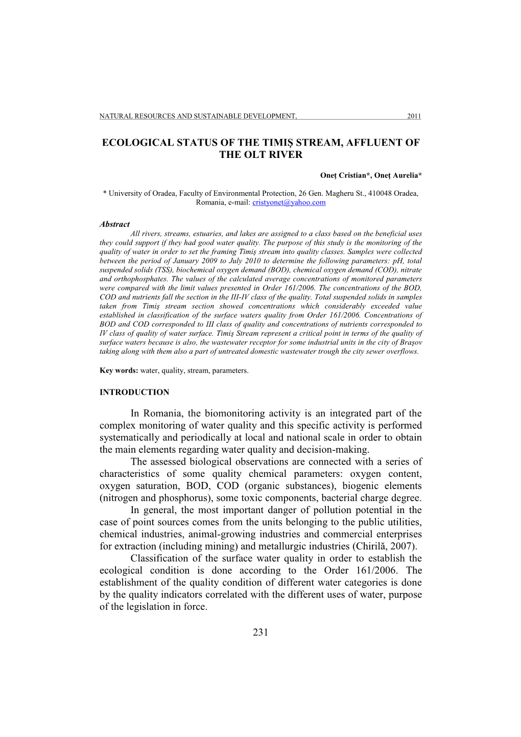 231 Ecological Status of the Timiş Stream, Affluent Of