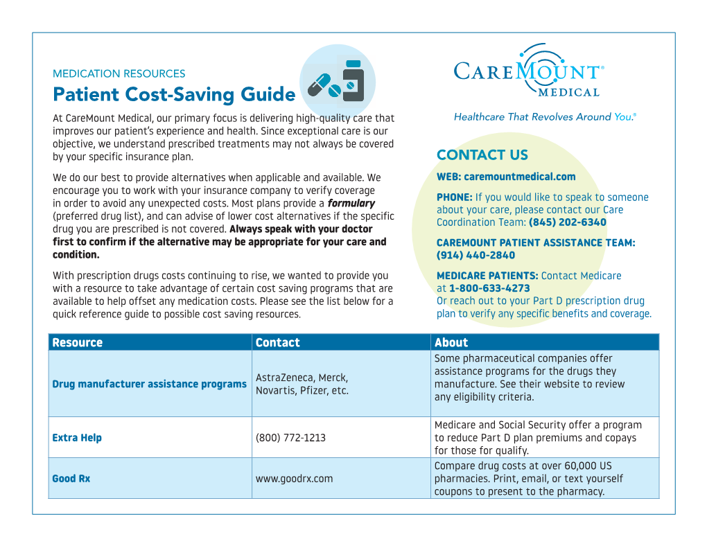 Patient Cost-Saving Guide at Caremount Medical, Our Primary Focus Is Delivering High-Quality Care That Improves Our Patient’S Experience and Health