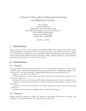 A Review of Some Basic Mathematical Concepts and Differential Calculus