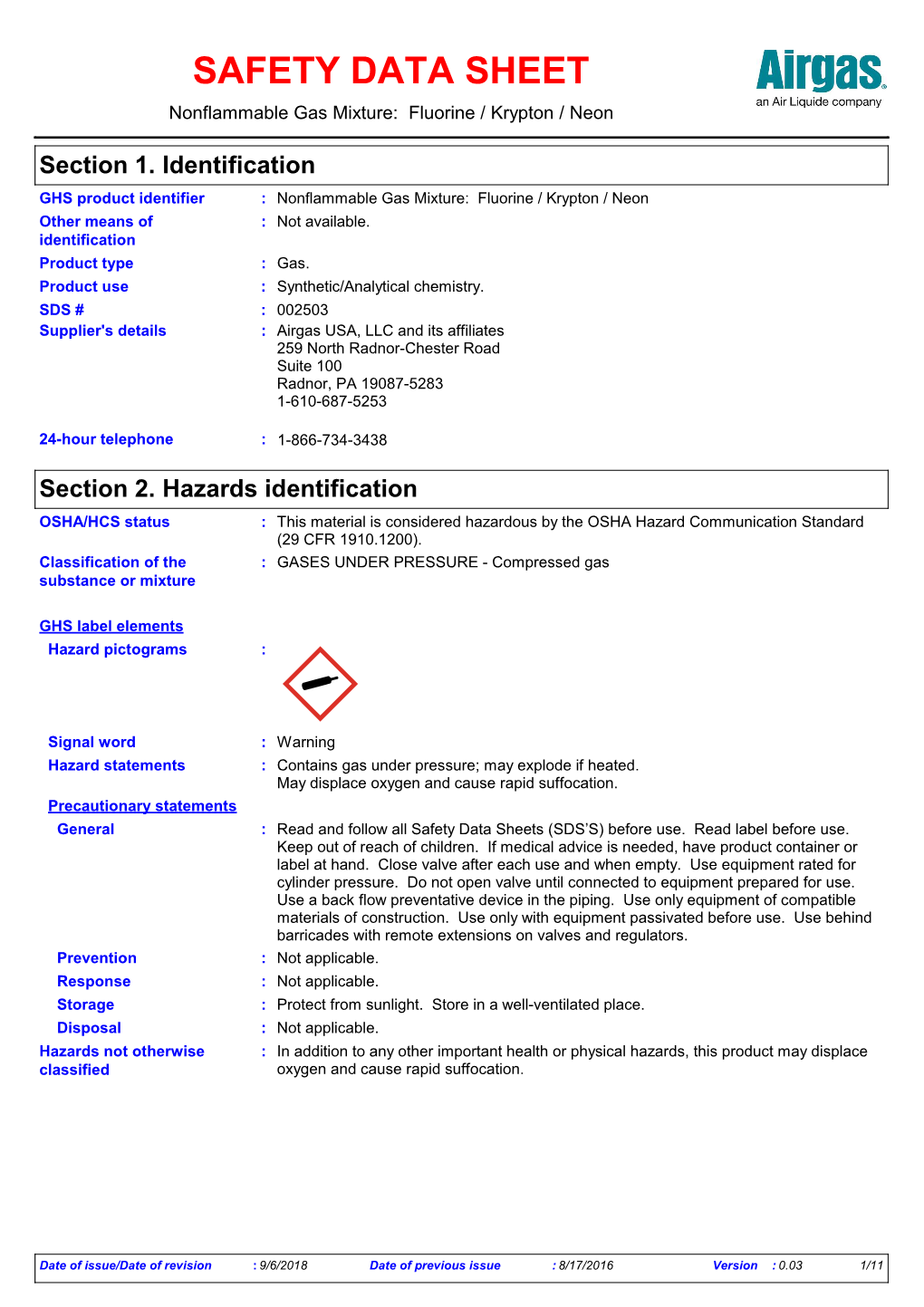 SAFETY DATA SHEET Nonflammable Gas Mixture: Fluorine / Krypton / Neon