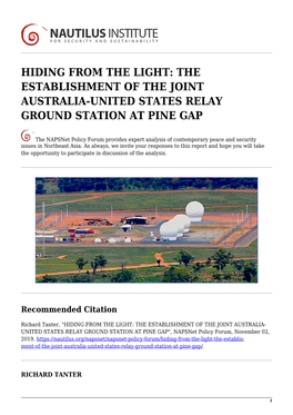 The Establishment of the Joint Australia-United States Relay Ground Station at Pine Gap