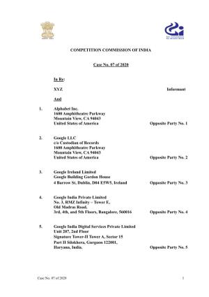 COMPETITION COMMISSION of INDIA Case No. 07 of 2020 in Re