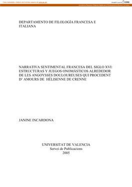 Departamento De Filología Francesa E Italiana Narrativa Sentimental Francesa Del Siglo Xvi: Estructuras Y Juegos Onomásticos A