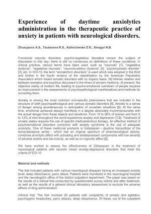 Experience of Daytime Anxiolytics Administration in the Therapeutic Practice of Anxiety in Patients with Neurological Disorders