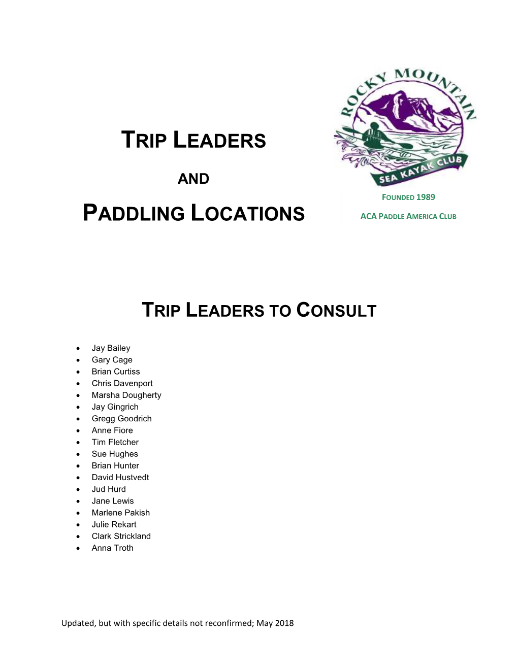 Trip Leaders Paddling Locations