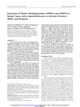 Expression of Matrix Metalloproteinase (MMP)-2 and MMP-9 in Breast Cancer with a Special Reference to Activator Protein-2, HER2, and Prognosis