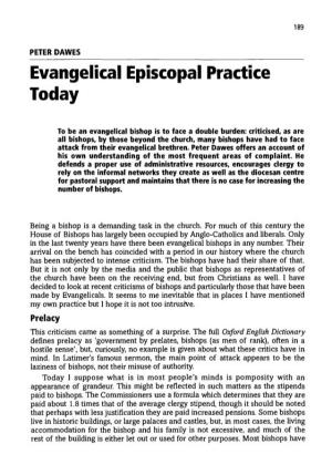Peter Dawes, "Evangelical Episcopal Practice Today,"