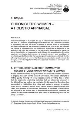 F. Olojede CHRONICLER’S WOMEN – a HOLISTIC APPRAISAL