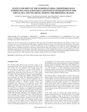 Status and Diet of the European Shag (Mediterranean Subspecies) Phalacrocorax Aristotelis Desmarestii in the Libyan Sea (South Crete) During the Breeding Season