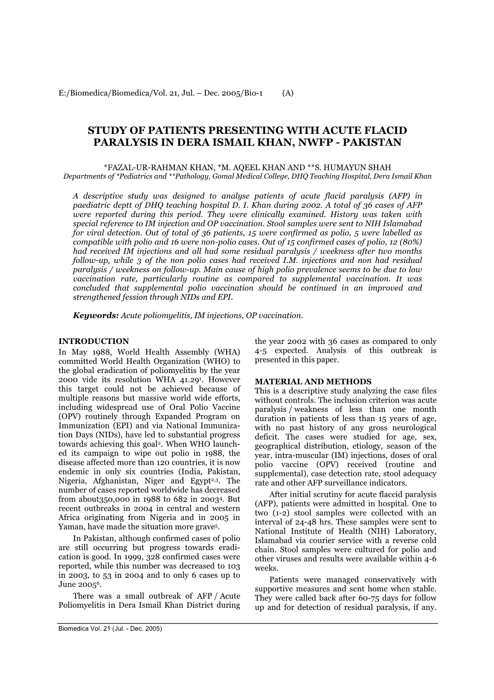 Study of Patients Presenting with Acute Flacid Paralysis in ... -..:: Biomedica