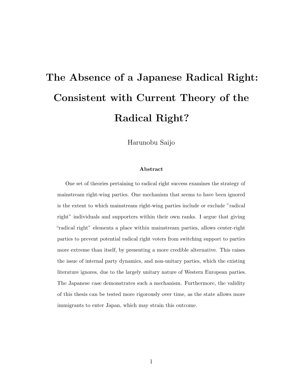 The Absence of a Japanese Radical Right: Consistent with Current Theory of the Radical Right?