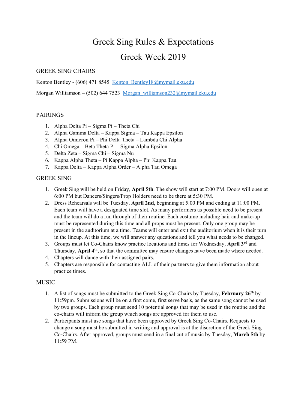 Greek Sing Rules & Expectations Greek Week 2019