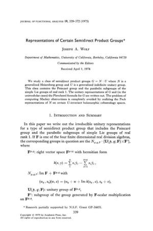 Representations of Certain Semidirect Product Groups* H
