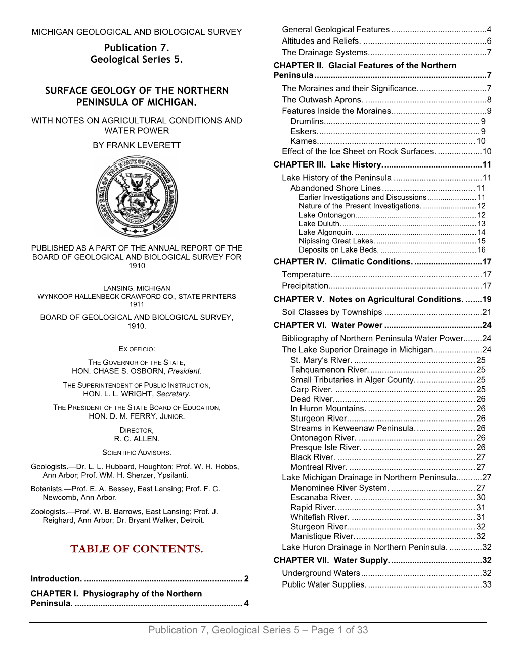 TABLE of CONTENTS. Lake Huron Drainage in Northern Peninsula