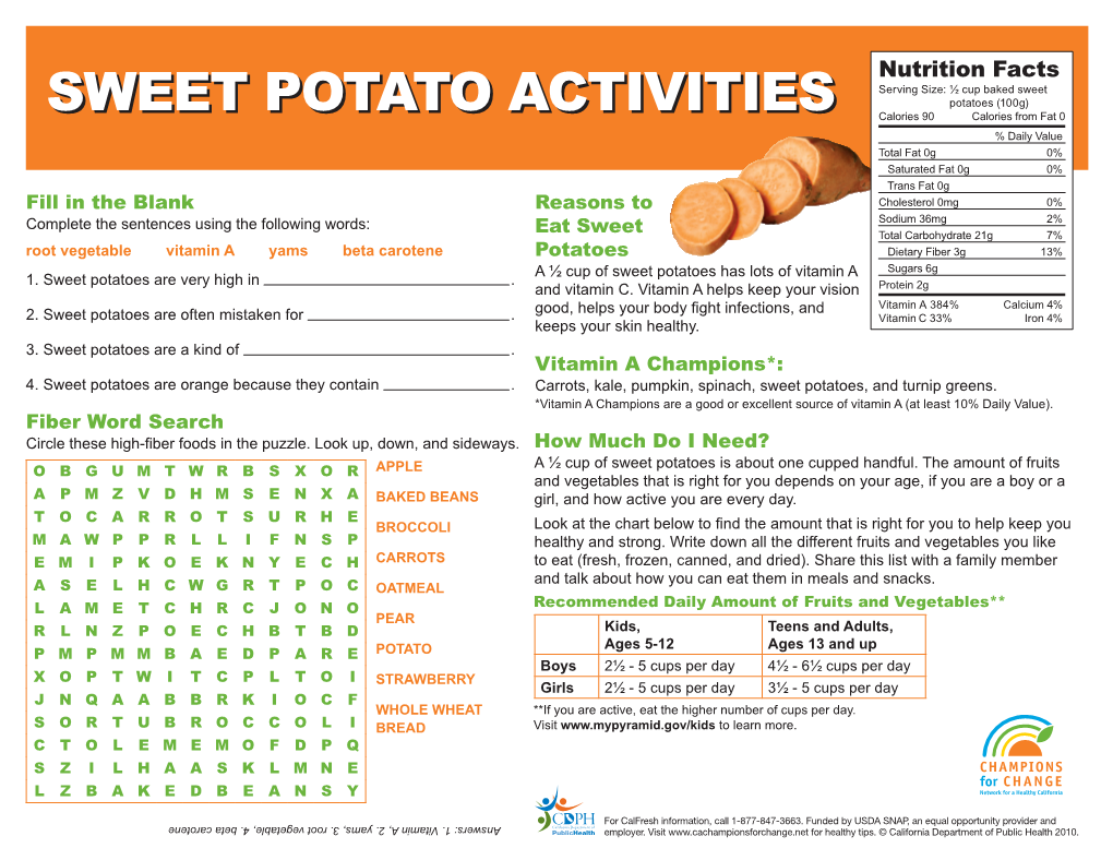 SWEET POTATO ACTIVITIES Nutrition Facts