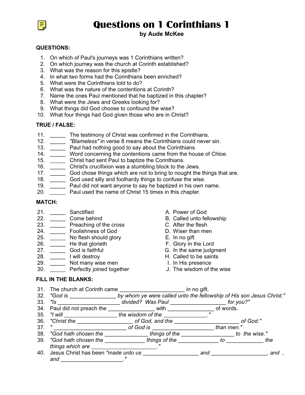 Questions on 1 Corinthians 1 by Aude Mckee