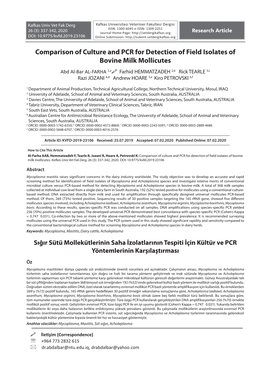 Comparison of Culture and PCR for Detection of Field Isolates of Bovine