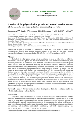 A Review of the Polysaccharide, Protein and Selected Nutrient Content of Auricularia, and Their Potential Pharmacological Value