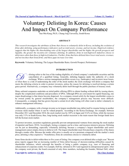 Voluntary Delisting in Korea: Causes and Impact on Company Performance Sun Min Kang, Ph.D., Chung-Ang University, South Korea